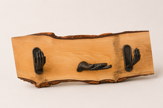 Collage showing multiple angles of The Welcome live edge coat rack including hooks, bark edge, mounting hardware, and lifestyle entryway shot
