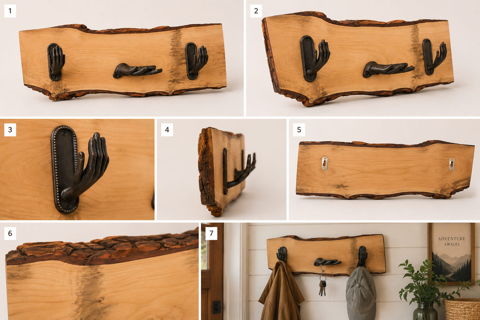 Live edge coat rack with cast iron helping hands hooks on neutral background